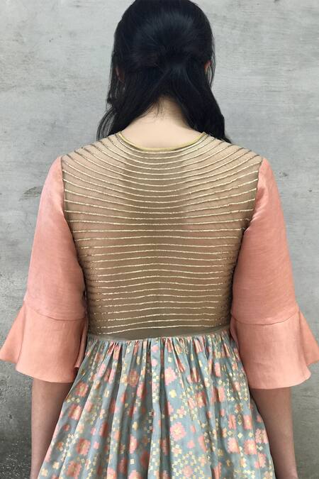 I Am Design_Green Silk Round Ikat Gown _Online_at_Aza_Fashions