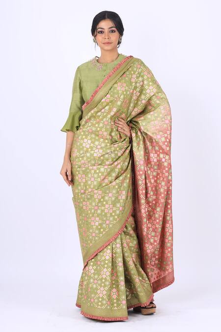 Shop_I Am Design_Green Silk Round Saree With Blouse _Online_at_Aza_Fashions