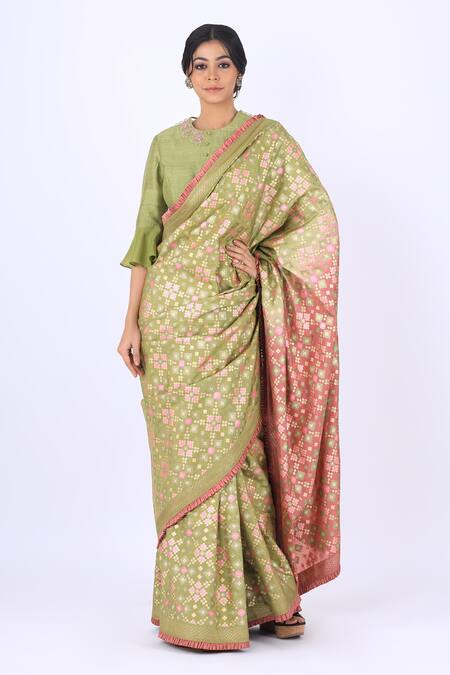 I Am Design_Green Silk Ikat Saree _Online_at_Aza_Fashions