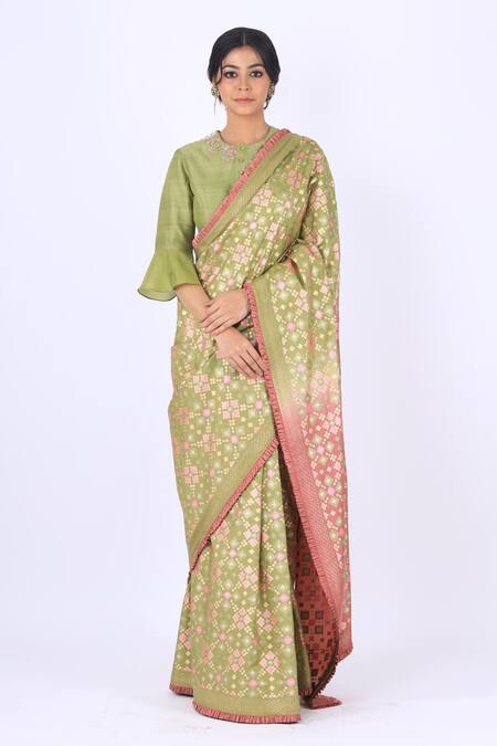Buy_I Am Design_Green Silk Ikat Saree _Online_at_Aza_Fashions