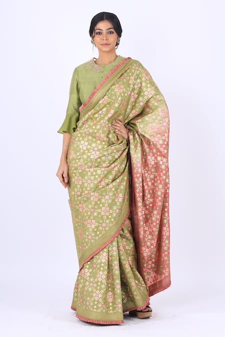 I AM Design Green Raw Silk Round Embroidered Blouse 
