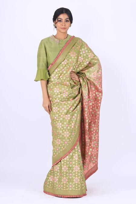 I Am Design_Green Raw Silk Round Embroidered Blouse _Online_at_Aza_Fashions