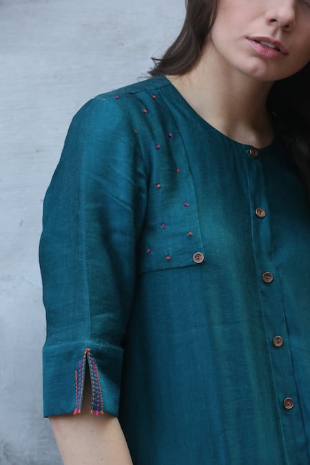 Shop_I Am Design_Blue Linen Satin Round Kurta Set _Online_at_Aza_Fashions