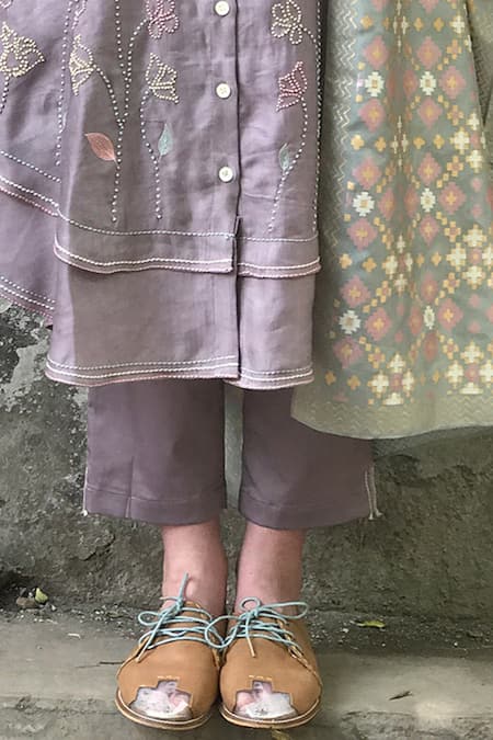 I am Design_Purple Linen Satin Round Kurta Set _at_Aza_Fashions