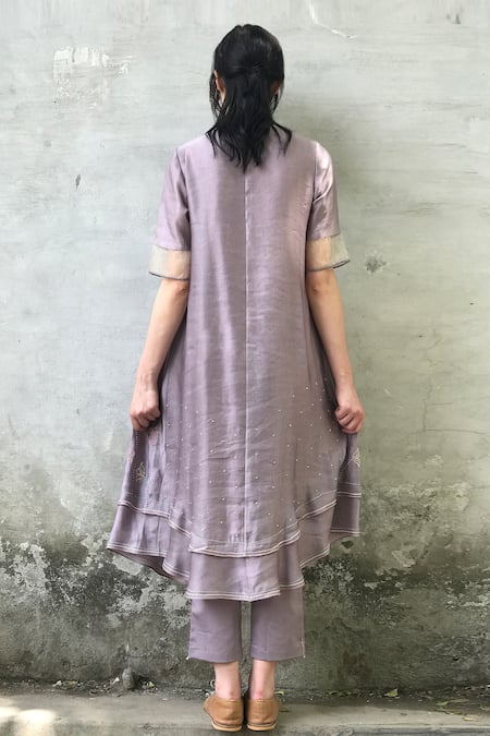 Shop_I am Design_Purple Linen Satin Round Kurta Set _at_Aza_Fashions