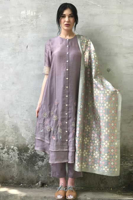 I am Design_Purple Linen Satin Round Kurta Set _Online_at_Aza_Fashions