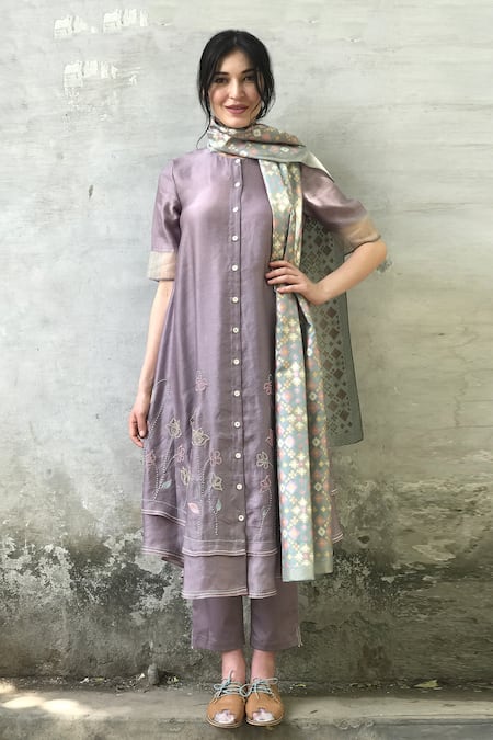 Buy_I am Design_Purple Linen Satin Round Kurta Set _Online_at_Aza_Fashions