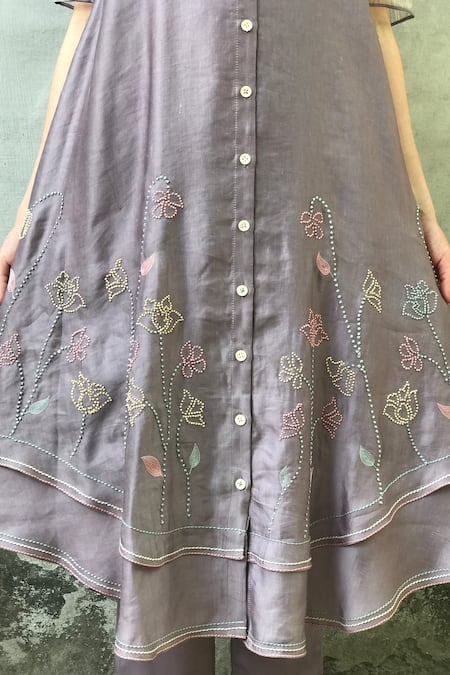 Shop_I am Design_Purple Linen Satin Round Kurta Set _Online_at_Aza_Fashions
