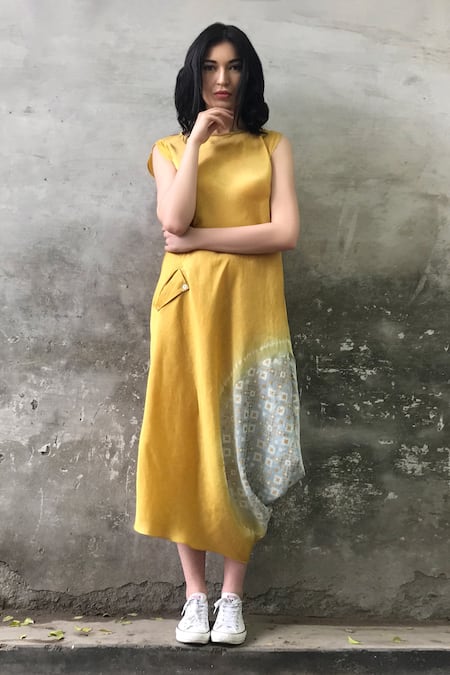 I Am Design_Yellow Round Linen Satin Dress _Online_at_Aza_Fashions