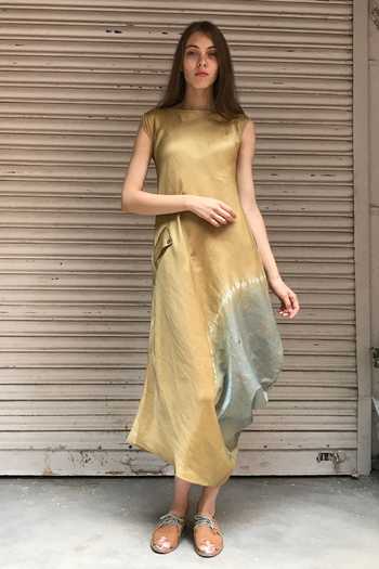 Buy_I Am Design_Beige Round Linen Satin Dress _Online_at_Aza_Fashions