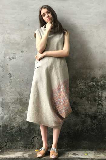 I Am Design_Beige Linen Dress _Online_at_Aza_Fashions