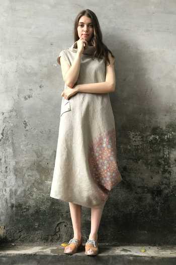 Buy_I Am Design_Beige Linen Dress _Online_at_Aza_Fashions
