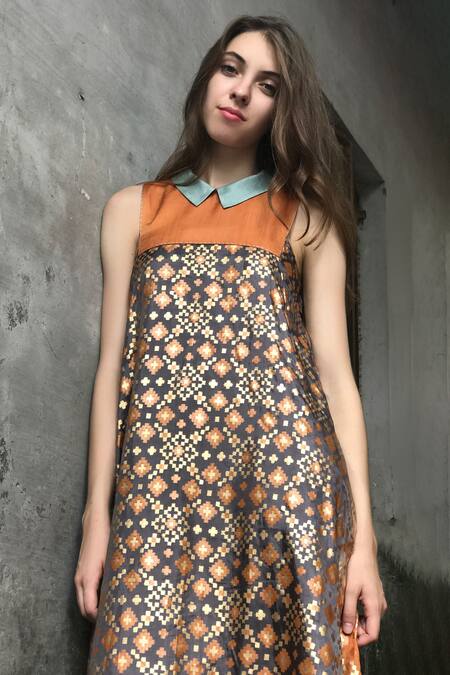 Buy_I Am Design_Grey Spread Collar Silk Dress_Online_at_Aza_Fashions