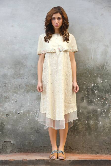 I Am Design_White Linen Satin Round Cape Dress _Online_at_Aza_Fashions