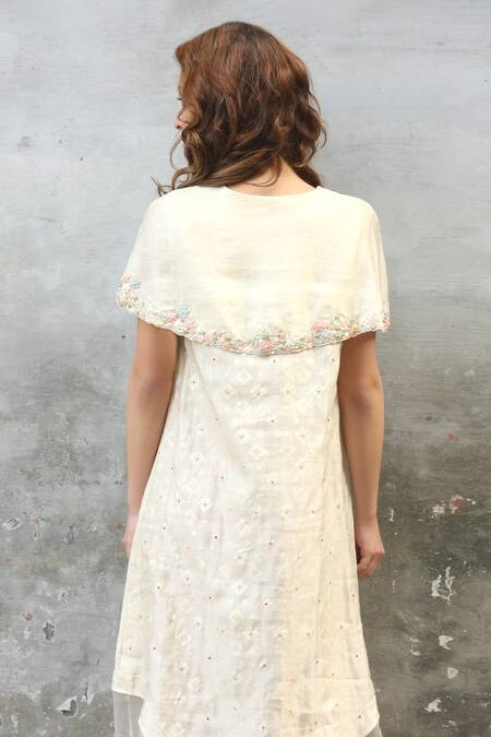 Buy_I Am Design_White Linen Satin Round Cape Dress _Online_at_Aza_Fashions