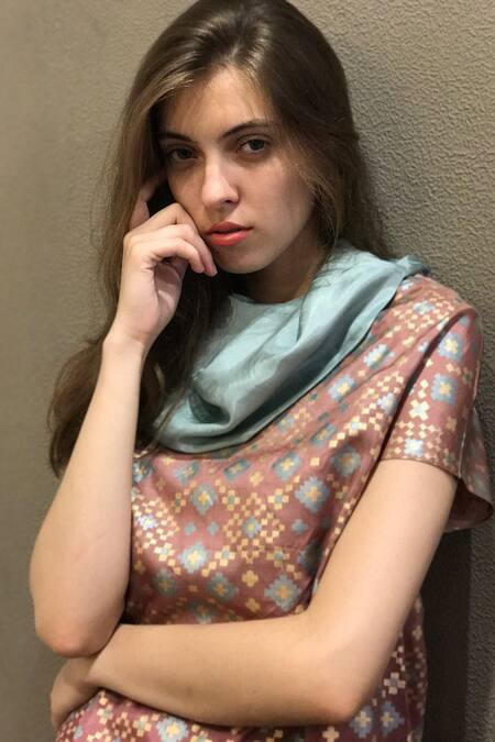 I Am Design_Purple Cowl Silk Ikat Dress _Online_at_Aza_Fashions