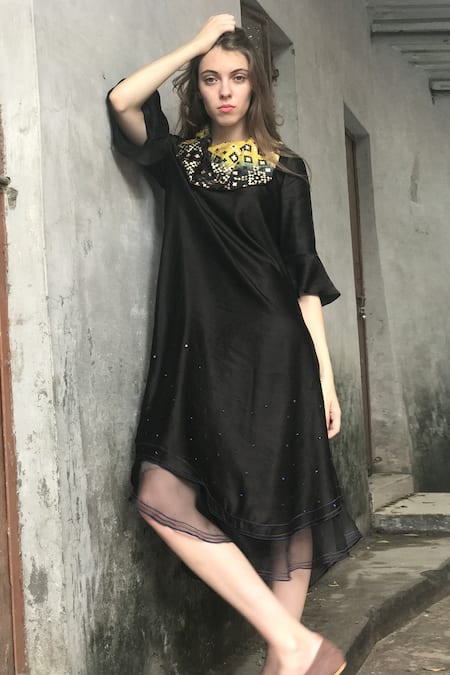 I am Design Black Cowl Linen Satin Ikat Dress