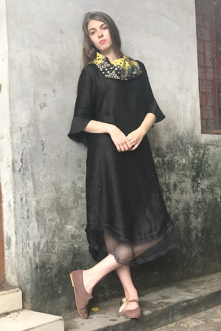 Shop_I Am Design_Black Cowl Linen Satin Ikat Dress _at_Aza_Fashions