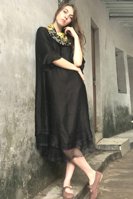 I Am Design_Black Cowl Linen Satin Ikat Dress _Online_at_Aza_Fashions