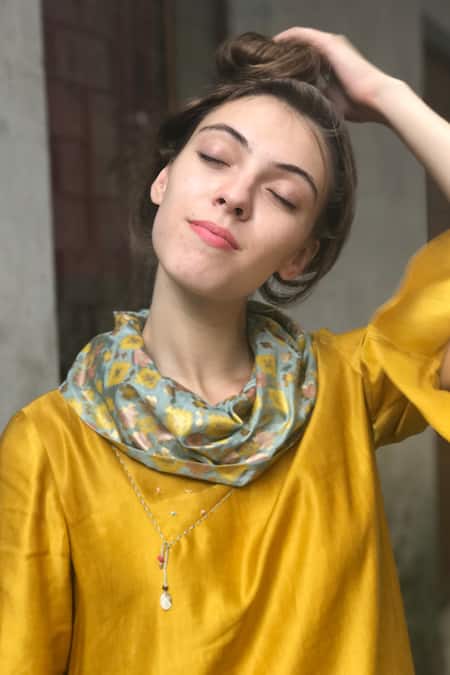 Shop_I Am Design_Yellow Cowl Linen Satin Dress _at_Aza_Fashions