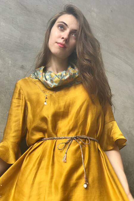 I Am Design_Yellow Cowl Linen Satin Dress _Online_at_Aza_Fashions