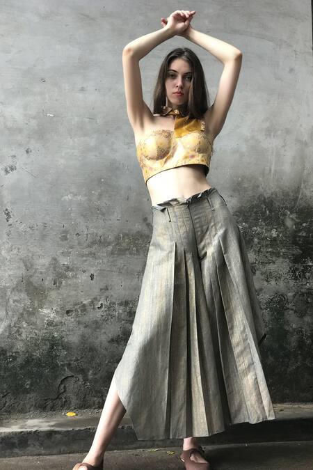 I Am Design_Yellow Satin And Spread Collar Printed Crop Top & Pant Set_Online_at_Aza_Fashions