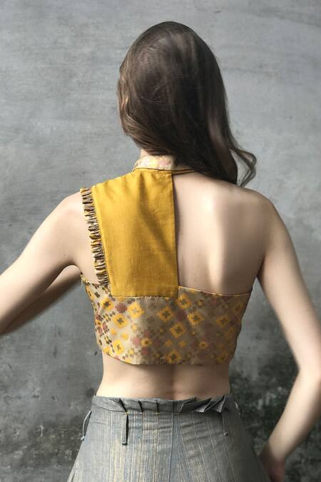 I Am Design_Yellow Satin And Spread Collar Printed Crop Top & Pant Set_at_Aza_Fashions