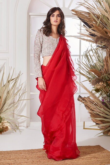 Bright Red Ready Pleated Saree With Ruffled Pallo Paired With A Strapless  Hand Embroidered Blouse | Designer saree blouse patterns, Saree dress, Saree  styles