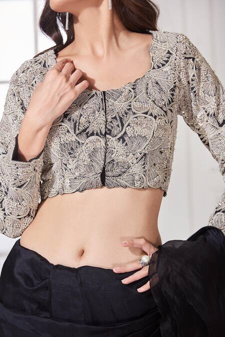 Stotram Black Dori, Pearls, Sequins, Zardozi U Neck Ruffle Pre-draped Saree With Blouse at Aza Fashions Stotram_Black Dori, Pearls, Sequins, Zardozi U Neck Ruffle Pre-draped Saree With Blouse_at_Aza_Fashions