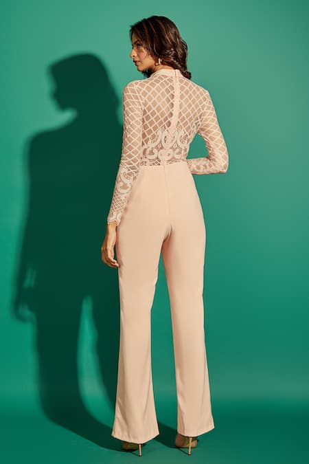 Shop_Asra_Peach Scuba Georgette And Lace Plain High Jumpsuit _at_Aza_Fashions