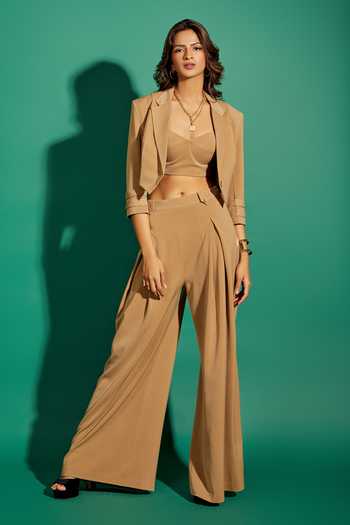 Buy Asra Beige Scuba Georgette Jacket Collar Top Sweetheart Neck And Pant Set at Aza Fashions Buy_Asra_Beige Scuba Georgette Jacket Collar Top Sweetheart Neck And Pant Set_at_Aza_Fashions