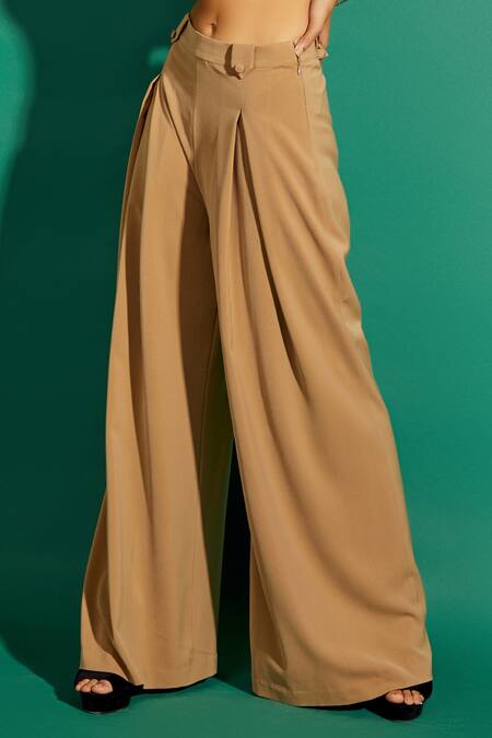 Asra_Brown Scuba Georgette Jacket Collar Top Square And Pant Set_at_Aza_Fashions