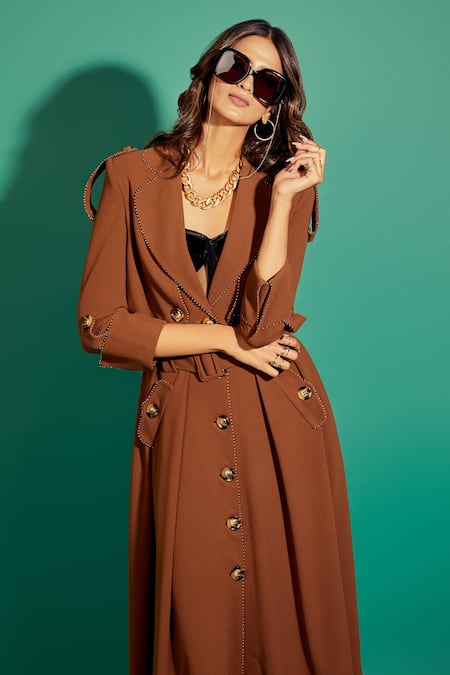 Asra_Brown Scuba Georgette Collared Neck Jacket_at_Aza_Fashions