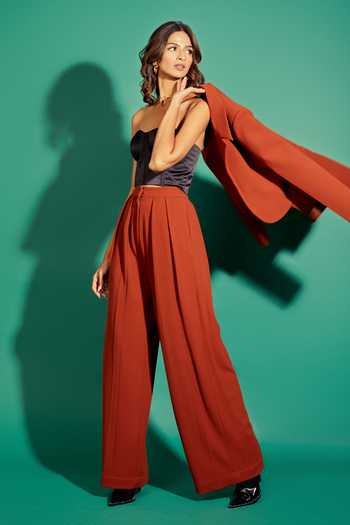 Asra_Red Scuba Georgette Collared Neck Jacket And Pant Set_Online_at_Aza_Fashions