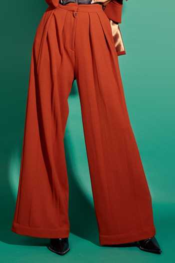 Asra_Red Scuba Georgette Collared Neck Jacket And Pant Set_at_Aza_Fashions
