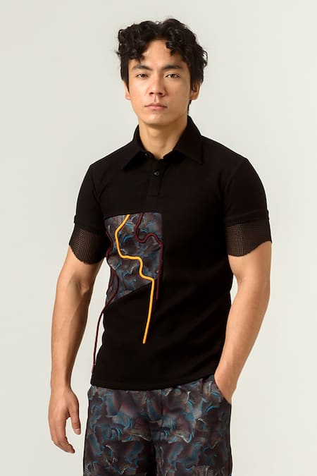 Siddhant Agrawal Black Mesh, Textured Crepe, Lycra Agitation T-shirt 