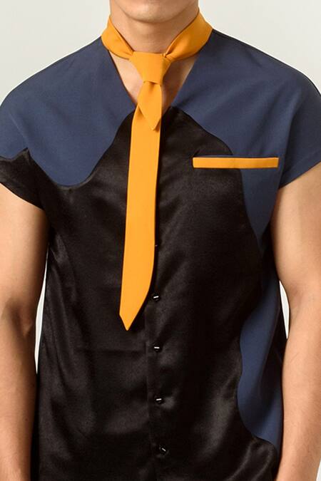 Siddhant Agrawal Black Banana Crepe, Velvet Satin Solid Color Block Shirt And Tie at Aza Fashions Siddhant Agrawal_Black Banana Crepe, Velvet Satin Solid Color Block Shirt And Tie _at_Aza_Fashions