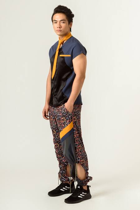 Shop Siddhant Agrawal Black Banana Crepe, Velvet Satin Solid Color Block Shirt And Tie Online at Aza Fashions Shop_Siddhant Agrawal_Black Banana Crepe, Velvet Satin Solid Color Block Shirt And Tie _Online_at_Aza_Fashions