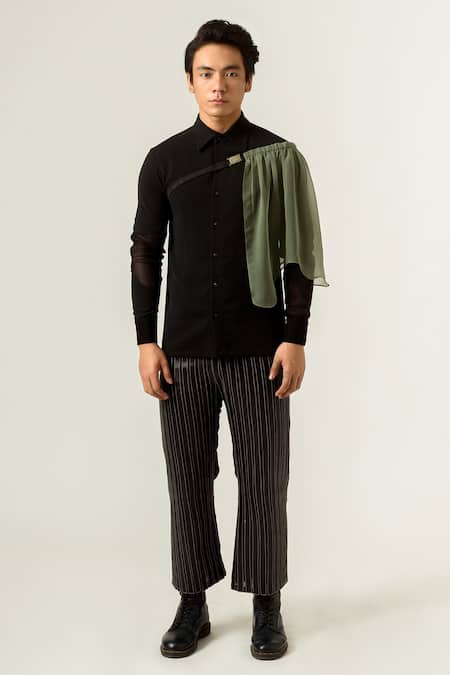 Siddhant Agrawal Black Georgette, Knit Mesh, Textured Crepe, Velvet Shirt Online at Aza Fashions Siddhant Agrawal_Black Georgette, Knit Mesh, Textured Crepe, Velvet Shirt _Online_at_Aza_Fashions