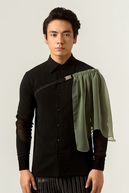 Siddhant Agrawal Black Georgette, Knit Mesh, Textured Crepe, Velvet Shirt 