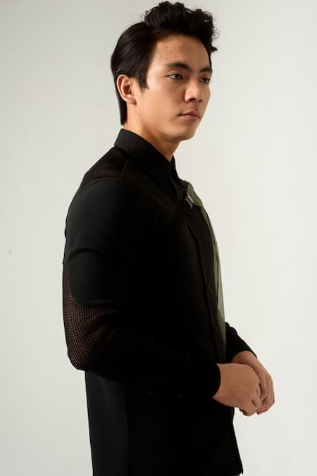 Shop Siddhant Agrawal Black Georgette, Knit Mesh, Textured Crepe, Velvet Shirt Online at Aza Fashions Shop_Siddhant Agrawal_Black Georgette, Knit Mesh, Textured Crepe, Velvet Shirt _Online_at_Aza_Fashions