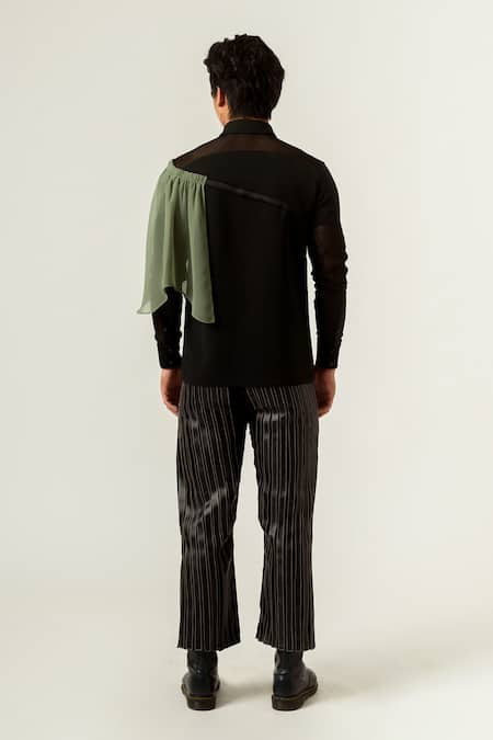 Shop Siddhant Agrawal Black Pu Leather Lining Poly Textured Crepe Striped Trouser at Aza Fashions Shop_Siddhant Agrawal_Black Pu Leather Lining Poly Textured Crepe Striped Trouser _at_Aza_Fashions