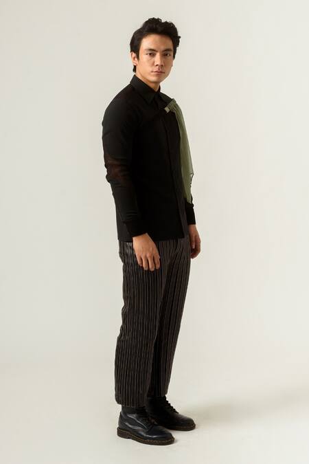 Siddhant Agrawal Black Pu Leather Lining Poly Textured Crepe Striped Trouser Online at Aza Fashions Siddhant Agrawal_Black Pu Leather Lining Poly Textured Crepe Striped Trouser _Online_at_Aza_Fashions
