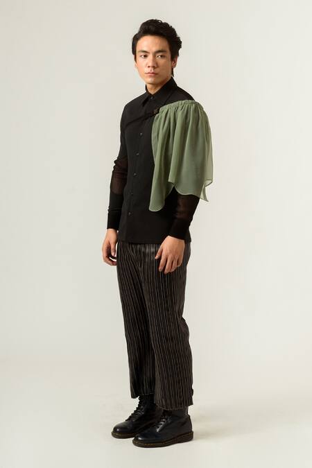 Shop Siddhant Agrawal Black Pu Leather Lining Poly Textured Crepe Striped Trouser Online at Aza Fashions Shop_Siddhant Agrawal_Black Pu Leather Lining Poly Textured Crepe Striped Trouser _Online_at_Aza_Fashions