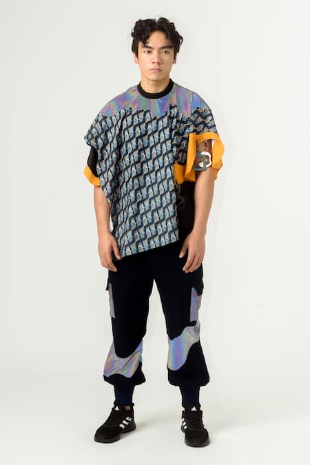 Siddhant Agrawal Blue Double Rib, Textured Crepe, Rainbow Trims Trouser 