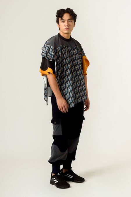 Siddhant Agrawal Blue Double Rib, Textured Crepe, Rainbow Trims Trouser Online at Aza Fashions Siddhant Agrawal_Blue Double Rib, Textured Crepe, Rainbow Trims Trouser _Online_at_Aza_Fashions