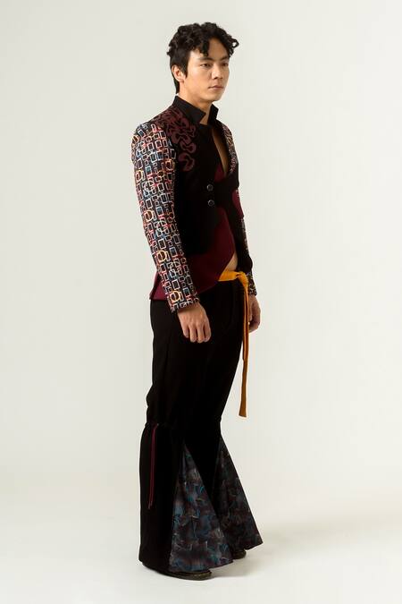 Siddhant Agrawal_Black Banana Crepe, Knit Textured Crepe, Satin Tasselled Blazer _Online_at_Aza_Fashions