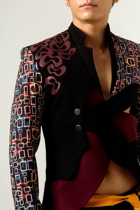 Shop_Siddhant Agrawal_Black Banana Crepe, Knit Textured Crepe, Satin Tasselled Blazer _Online_at_Aza_Fashions