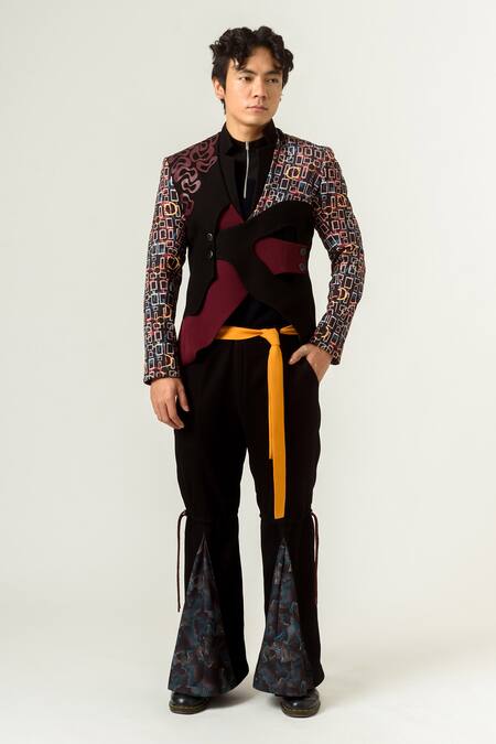 Siddhant Agrawal Black Banana Crepe, Knit Textured Crepe, Flared Trouser With Belt Online at Aza Fashions Siddhant Agrawal_Black Banana Crepe, Knit Textured Crepe, Flared Trouser With Belt _Online_at_Aza_Fashions