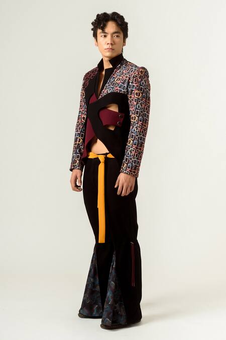 Buy Siddhant Agrawal Black Banana Crepe, Knit Textured Crepe, Flared Trouser With Belt Online at Aza Fashions Buy_Siddhant Agrawal_Black Banana Crepe, Knit Textured Crepe, Flared Trouser With Belt _Online_at_Aza_Fashions